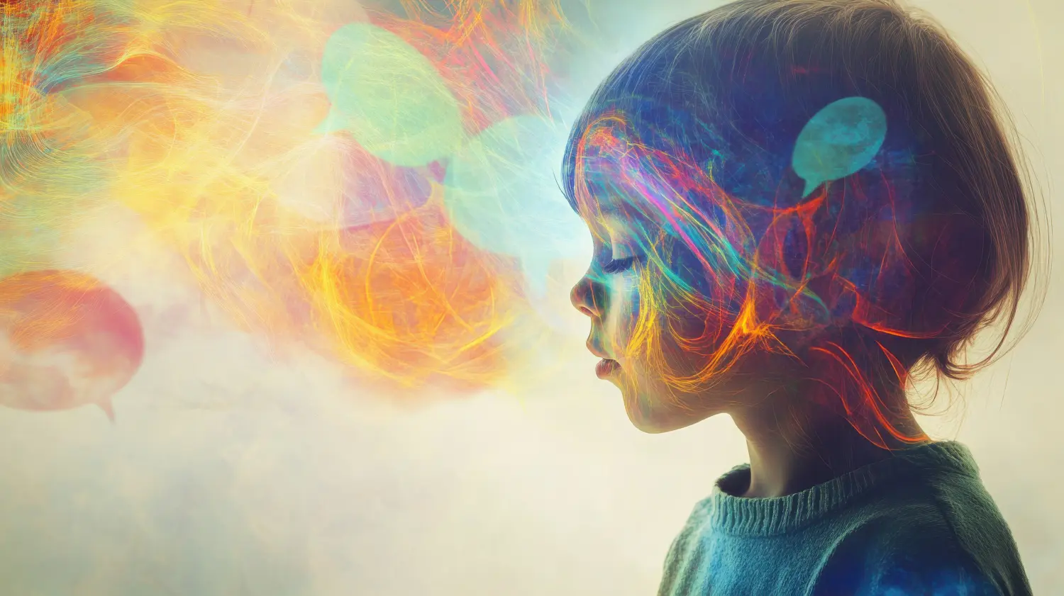 Ein Kind mit Gedankenlesefähigkeiten, umgeben von lebhaften, wirbelnden Gedanken und bunten Sprechblasen, die Kommunikation ausdrücken.